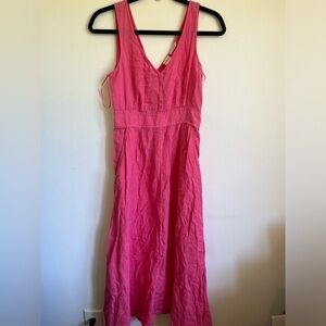 Joie 100% Linen Midi V-Neck Fit and Flare Long Dress - Hot Pink - US 4